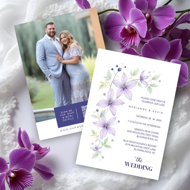 Delicate Floral & Botanical Branch Light Purple  Einladung (Delicate Floral & Botanical Branch Light Purple Wedding Invitation Cards with Back Photo and QR Code)