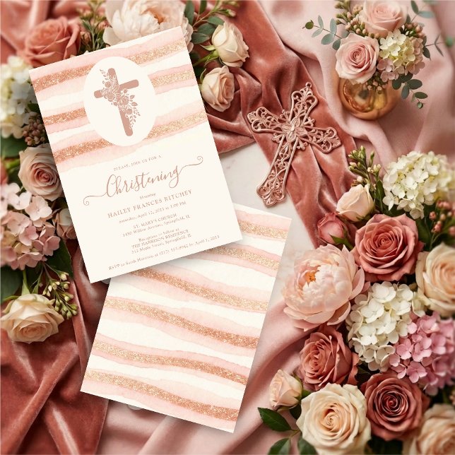 Delicate Floral Cross Romantic Rose Gold Einladung (Delicate Floral Christian Cross Romantic Rose Gold Glitter Style Christening Invitation Cards.)