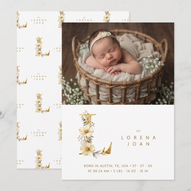 Delicate Floral E Initial Gold Glitter Newborn Ankündigung (Vorne/Hinten)