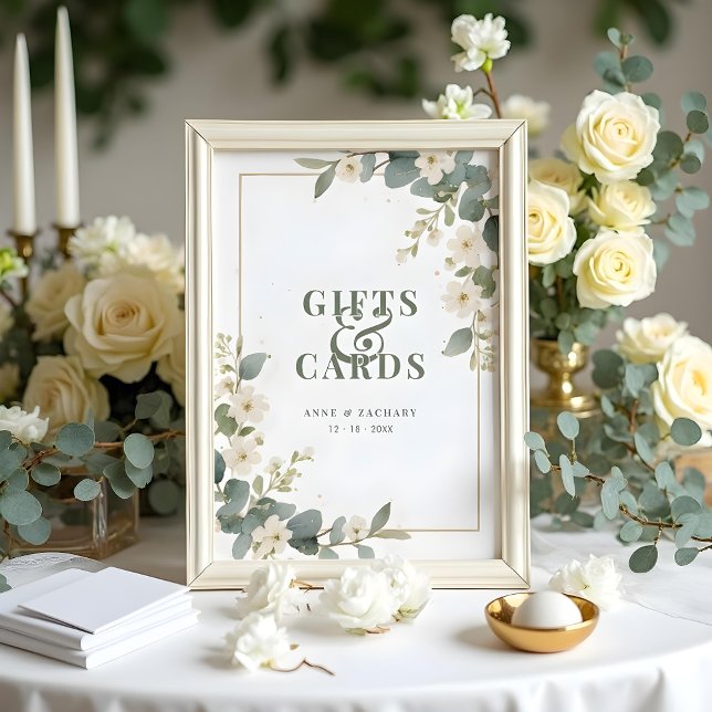 Delicate Floral & Eucalyptus Wedding  Gift & Cards Poster (Delicate Flowers and Eucalyptus Wedding Frame Table Gift Sign and Cards.)