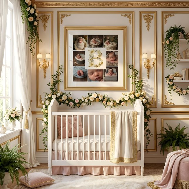 Delicate Floral Initial B 8-Photos Collage Newborn Poster (Delicate Floral Initial B Monogram 8-Photos Collage Newborn Session Poster Design. )