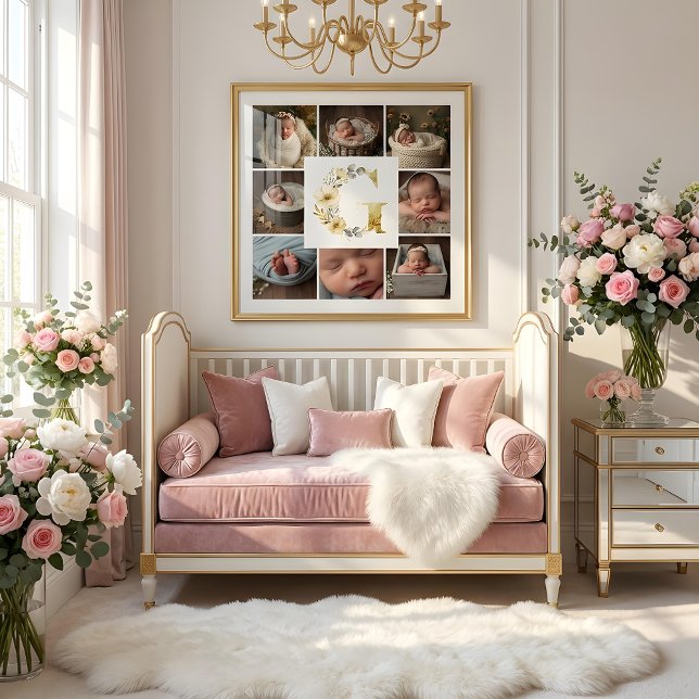 Delicate Floral Initial G 8-Photos Collage Newborn Poster (Delicate Floral Initial G Monogram 8-Photos Collage Newborn Session Poster Design.)