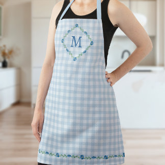 Delicate Floral Monogram Blue Gingham Cottagecore Schürze