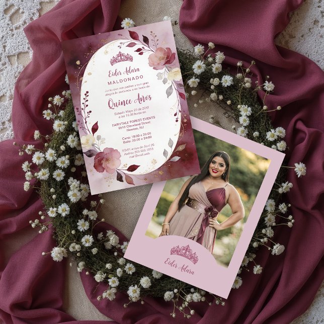 Delicate Floral Oval Quinceañera Tiara Invitation  Einladung (Delicate Floral Oval Quinceañera Tiara Invitation Design in Burgundy Tones with Photo Layout.)