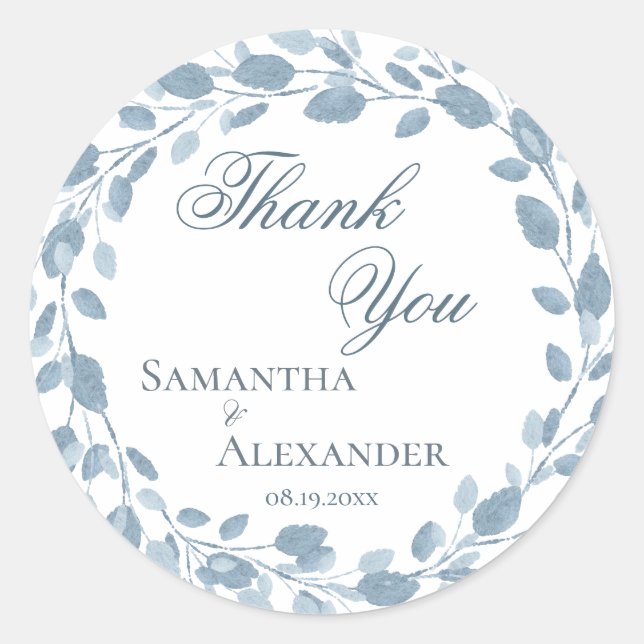 Delicate Floral Wreath Blue Wedding Vielen Dank Runder Aufkleber (Vorderseite)