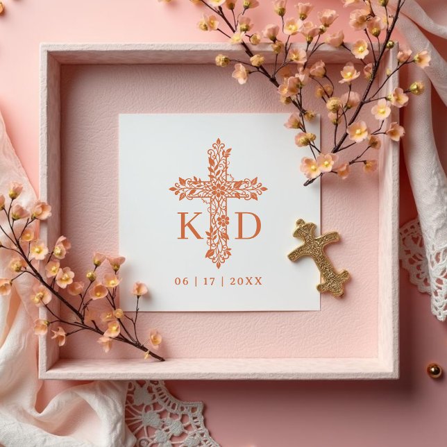 Delicate Flourish Christian Cross Wedding Initials Gummistempel (Delicate Flourish Christian Cross for Wedding with Initials Rubber Stamps.)