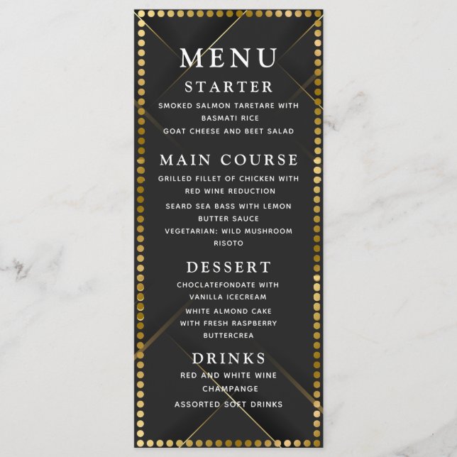 Delicate Gold and Black Wedding Dinner Menu (Devant)