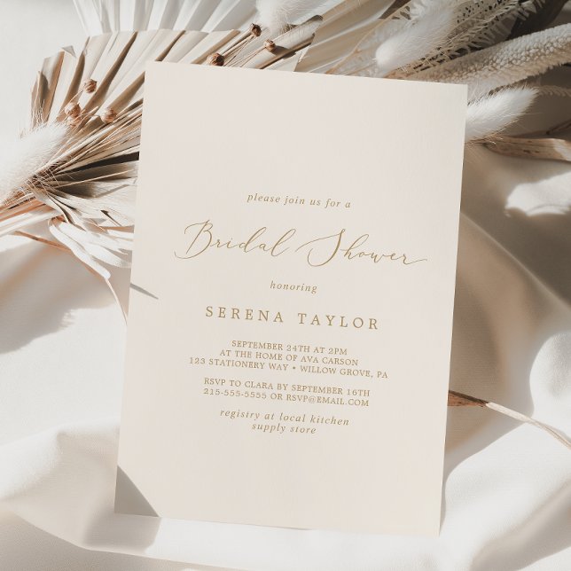 Delicate Gold Calligraphy | Cream Bridal Shower Einladung (Von Creator hochgeladen)