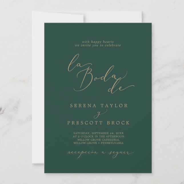 Delicate Gold Calligraphy Green La Boda De Wedding Einladung (Vorderseite)