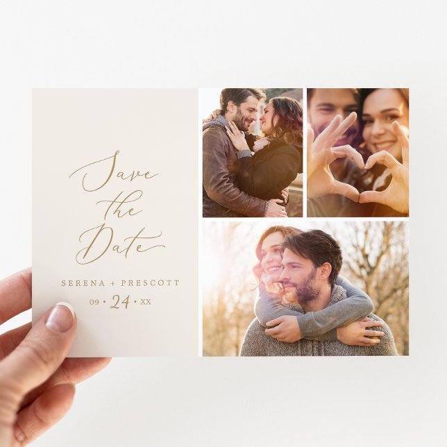 Delicate Gold Cream 3 Photo Collage Save The Date (Von Creator hochgeladen)