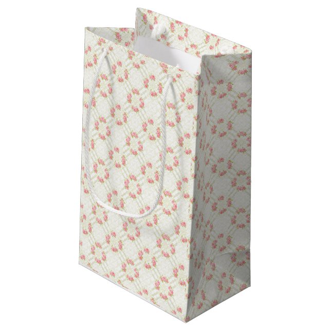 Delicate Gold Scrollwork & Pink Roses Floral Kleine Geschenktüte (Rückseite Schrägansicht)