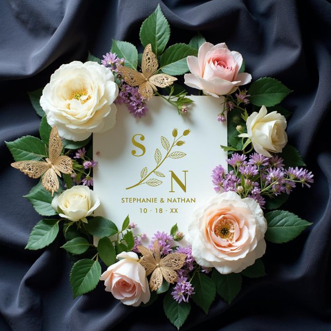 Delicate Initials Wildflowers Branches Wedding  Gummistempel (Delicate Classic Initials Wildflowers Branches Wedding for Rubber Stamps. )
