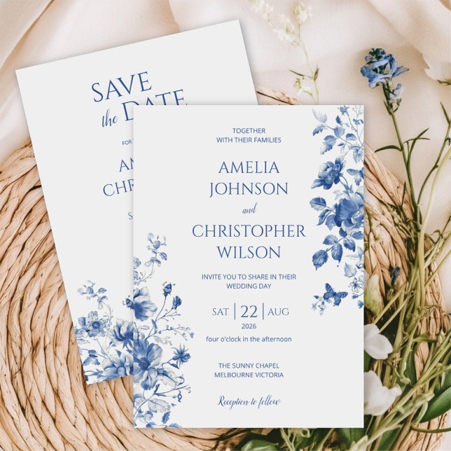 Délicate invitation de mariage élégante dans les c (Blue flower collection)
