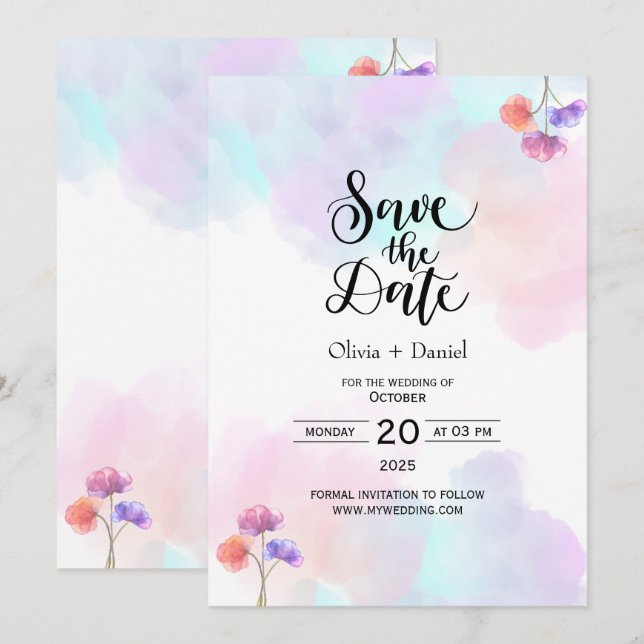 Délicate invitation de mariage rose et bleu (Devant / Derrière)