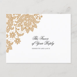 Delicate Lace Black and Gold Script Wedding Antwor Einladungspostkarte
