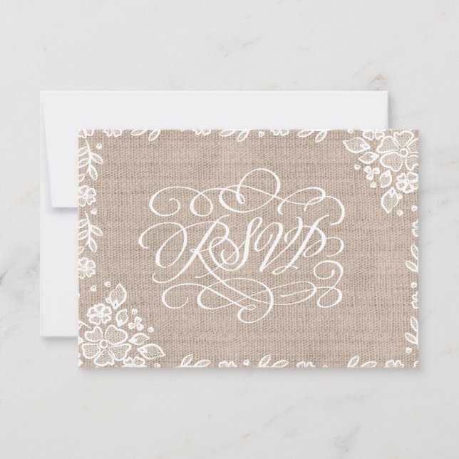 Delicate Lace Burlap Rustic Wedding RSVP Karte (Vorderseite)