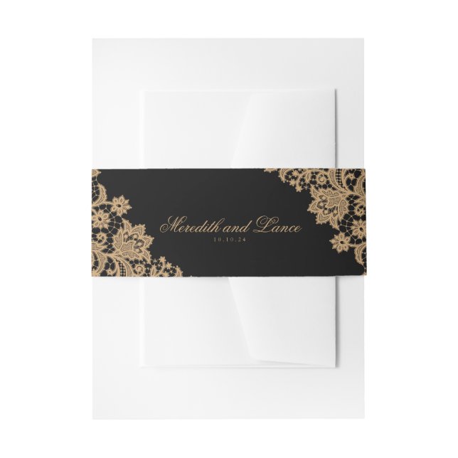 Delicate Lace Corner Black and Gold Script Wedding Einladungsbanderole (Vorderseite Beispiel)