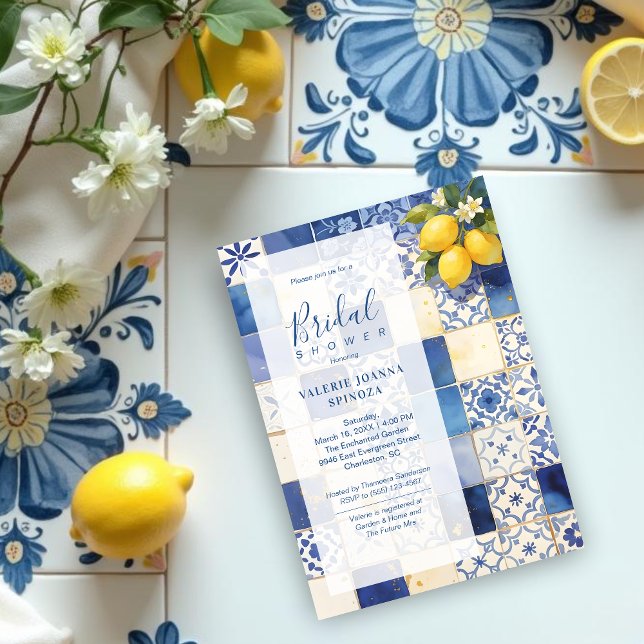 Delicate Mediterranean Tiles and Lemons Flowers Einladung (Delicate Mediterranean Tiles and Lemons Flowers in Blue Shades Wedding Bridal Shower Invitations.)