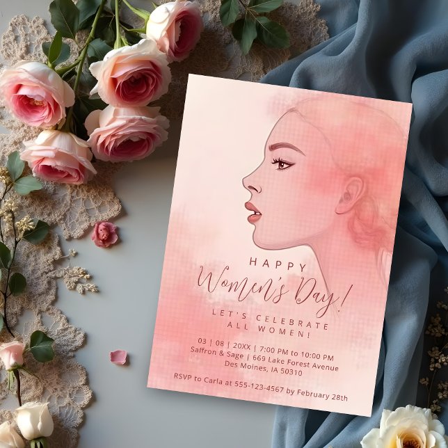Delicate Minimalist Woman Pink Happy Women's Day Einladung (Delicate Minimalist Woman in Pink Happy Women's Party Invitations Cards. Let's Celebrate All Women.)