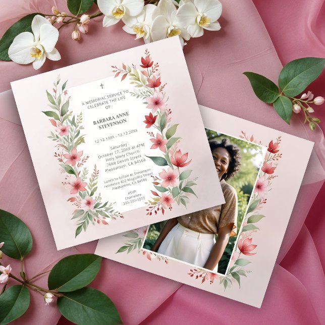 Delicate Pink Cherish Botanical Wildflower Funeral Einladung (Delicate Pink Shades Cherish Botanical Wildflowers Branches Photo Funeral Invitations Cards.)