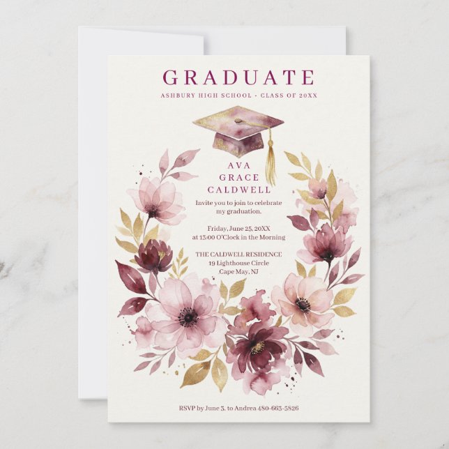 Delicate Pink Floral Wreath Graduation Cap  Einladung (Vorderseite)