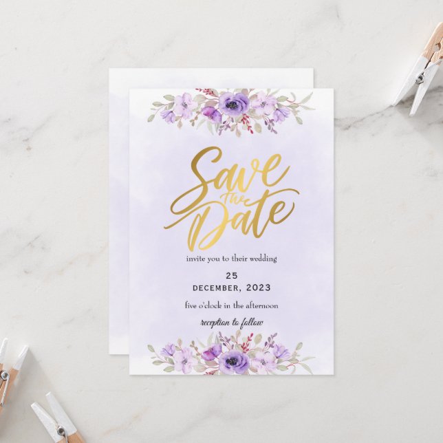 Delicate Purple Floral Wedding Save the Date Einladung (Vorderseite/Rückseite Beispiel)