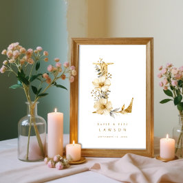Delicate Romantic Floral E Letter Gold Glitter Poster