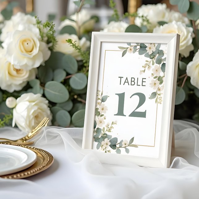 Delicate Romantic Flowers & Eucalyptus Wedding Tischnummer (Delicate Romantic Flowers and Eucalyptus Branches Frame Wedding Table Number Cards with Soft Pastel.)