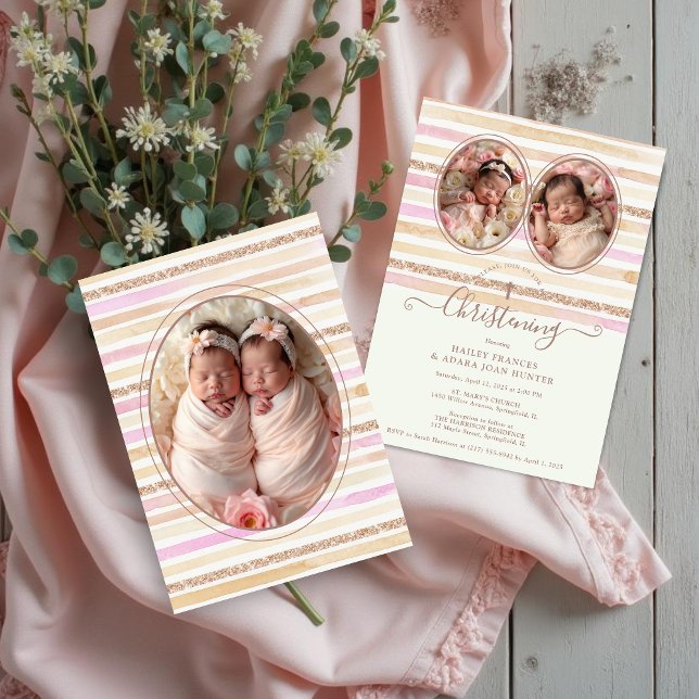 Delicate Romantic Glitter Stripes Twins Baptist Einladung (Delicate Romantic Glitter Stripes Baby Twins Baptist Christening Invitation Card with Oval 3-Photo. )
