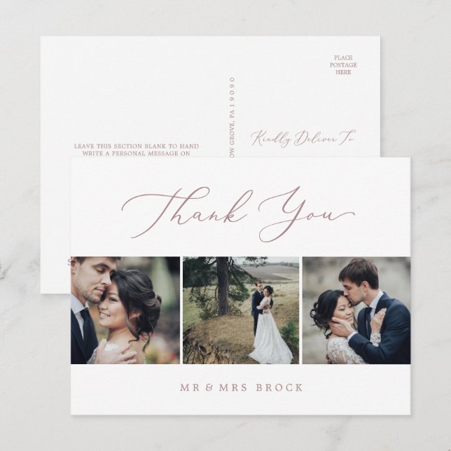 Delicate Rose Gold 3 Photo Template Thank You Postkarte (Vorne/Hinten)