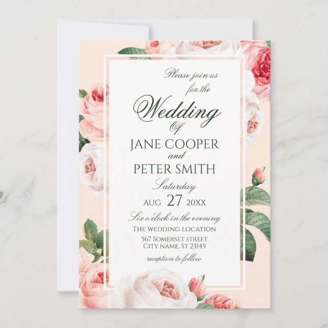 Delicate Roses floral Wedding Invitation Einladung (Vorderseite)