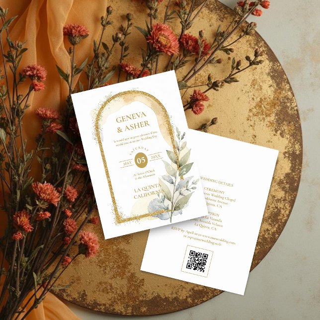 Delicate Spring Green & Beige Floral Arch Wedding Einladung (Delicate Spring Green & Beige Floral Arch Glitter Effect Wedding Invitation with Back QR Code.)