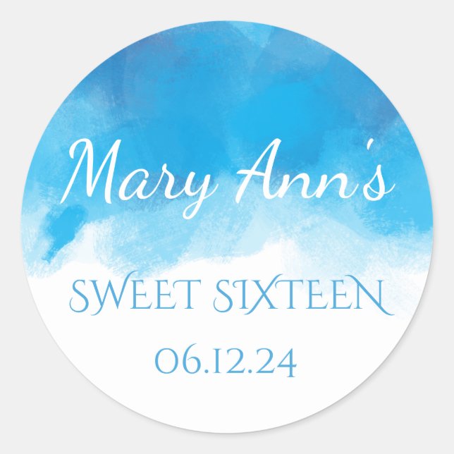 Delicate Sweet 16 Summer Blue Watercolor Runder Aufkleber (Vorderseite)