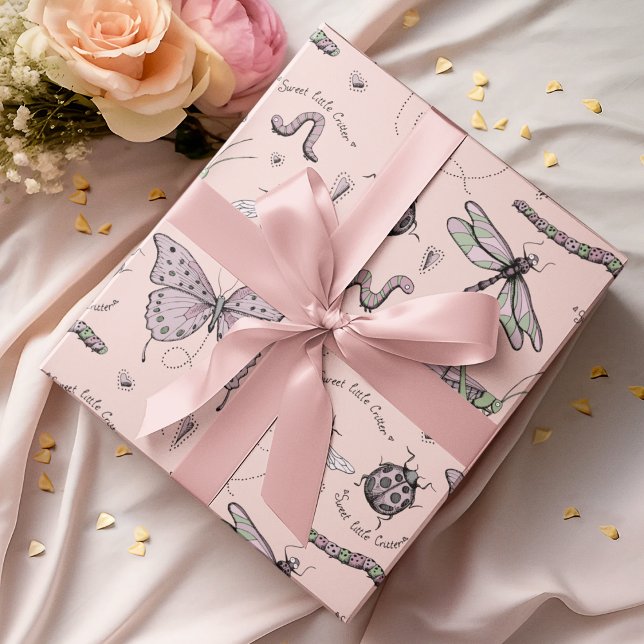 Delicate Sweet Little Critter Feminine Rosa Geschenkpapier (An adorable, feminine yet whimsical Insect Wrapping Paper pattern for baby girls or mothers-to-be :))