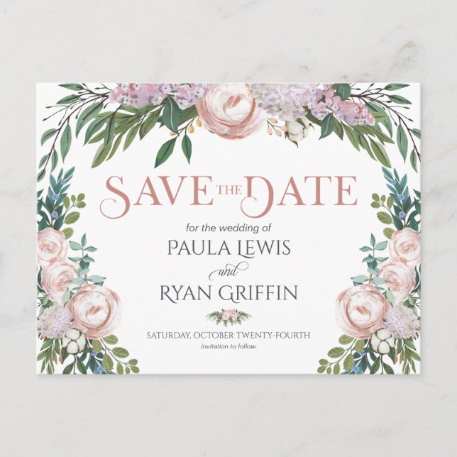 Delicate Watercolor Floral Bloom Save the Date Postkarte (Vorderseite)
