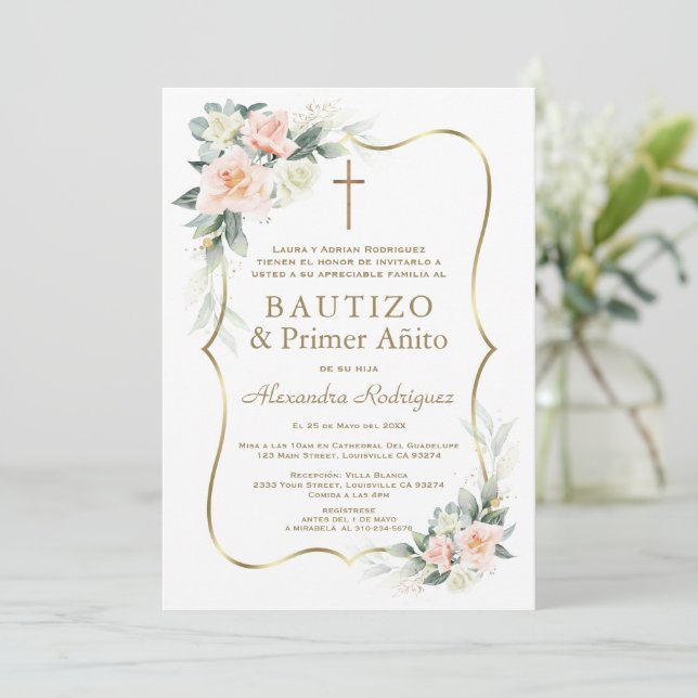Delicate White Blush Flowers 1st Birthday Baptism  Einladung (Stehend Vorderseite)