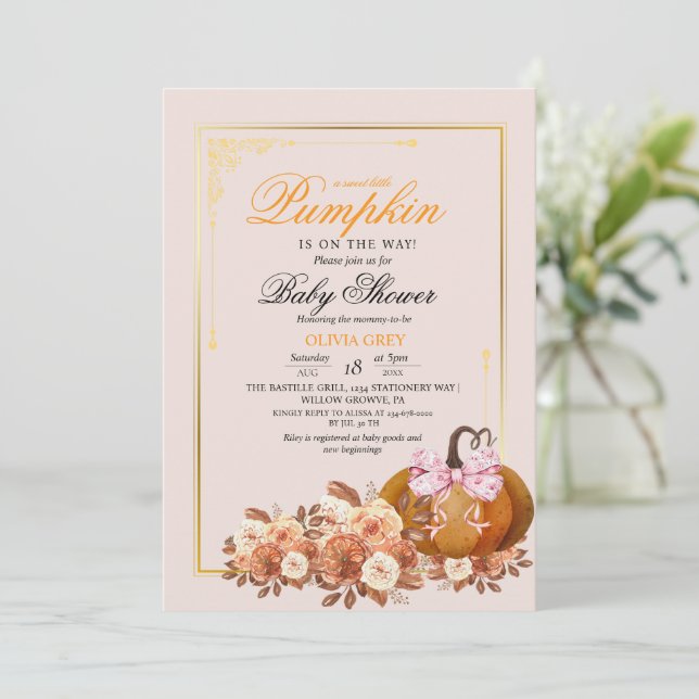 Delight Pumpkin Floral Baby Dusche Einladung (Stehend Vorderseite)