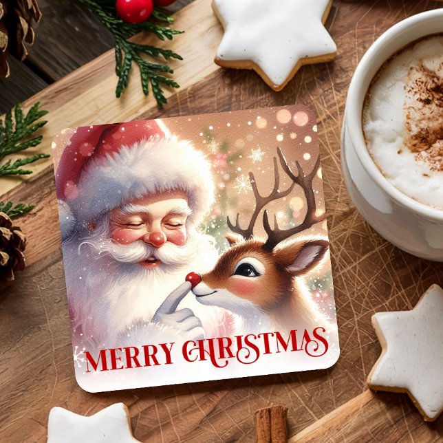 Delightful Santa and Rudolph Christmas Paper  Rechteckiger Pappuntersetzer (Delightful Santa and Rudolph Christmas Paper Coasters)