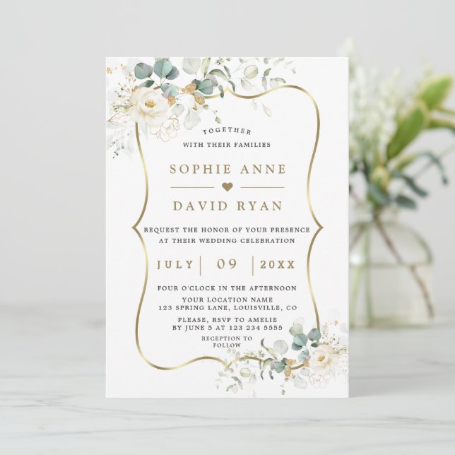 Delikate Aquarellblumen Blätter Goldhochzeit Einladung (Stehend Vorderseite)