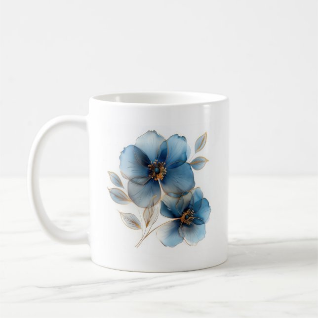 Delikate Aquarellfarben staubblaue und goldene Blu Kaffeetasse (Links)