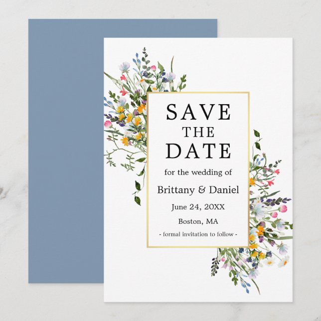 Delikate Aquarellfarben Wildblumen Gold Dusty Blue Save The Date (Vorne/Hinten)