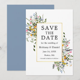 Delikate Aquarellfarben Wildblumen Gold Dusty Blue Save The Date