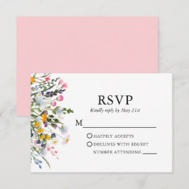Delikate Aquarellfarben-Wildblumen mit rosafarbene RSVP Karte