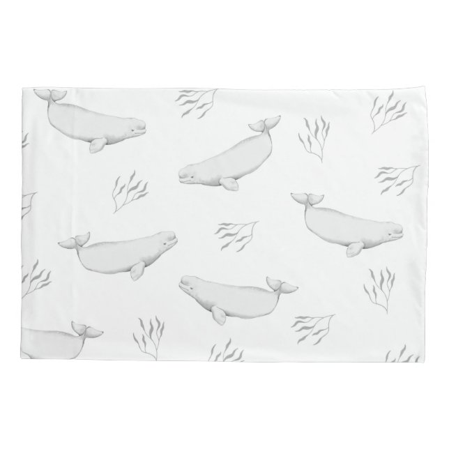 Delikate Beluga-Wale und Seegras-Illustration Kissenbezug (Rückseite)