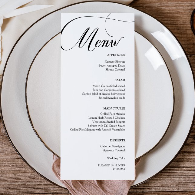 Delikate Black Calligraphy Wedding Dinner Menükarte (Delicate Black Calligraphy Wedding Dinner Menu Card)