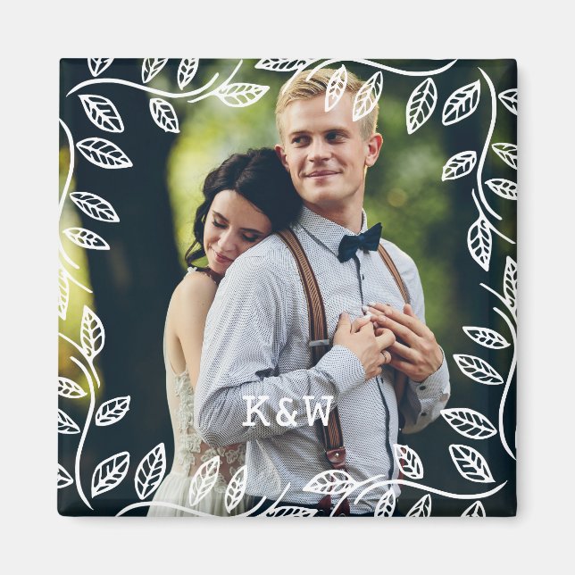 Delikate Blätter rahmen Mit Monogramm Foto Magnet (Vorne)