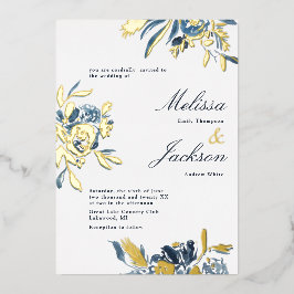 Delikate blaue Blume und Goldblut-Hochzeitsdesign Folieneinladung