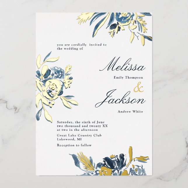 Delikate blaue Blume und Goldblut-Hochzeitsdesign Folieneinladung (Vorderseite)