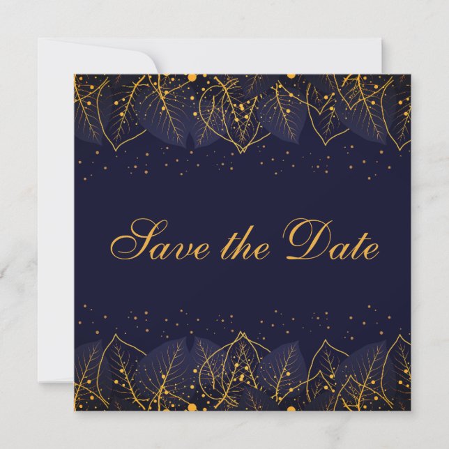 Delikate Blue and Gold Blätter Save the Date (Vorderseite)