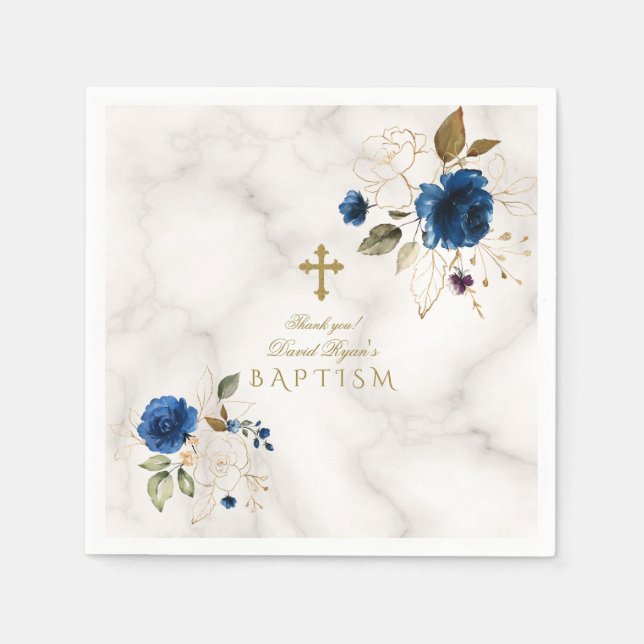 Delikate Blue Gold Blume Gold Cross Boy Taufe Serviette (Vorderseite)